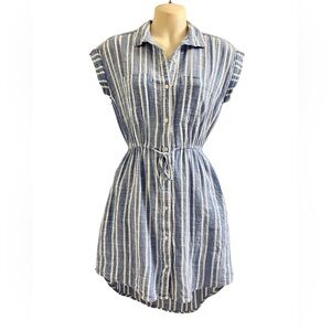 Blue White Striped Dress Lightweight Beachy Tie Waist Size XS‎ Pockets Button
